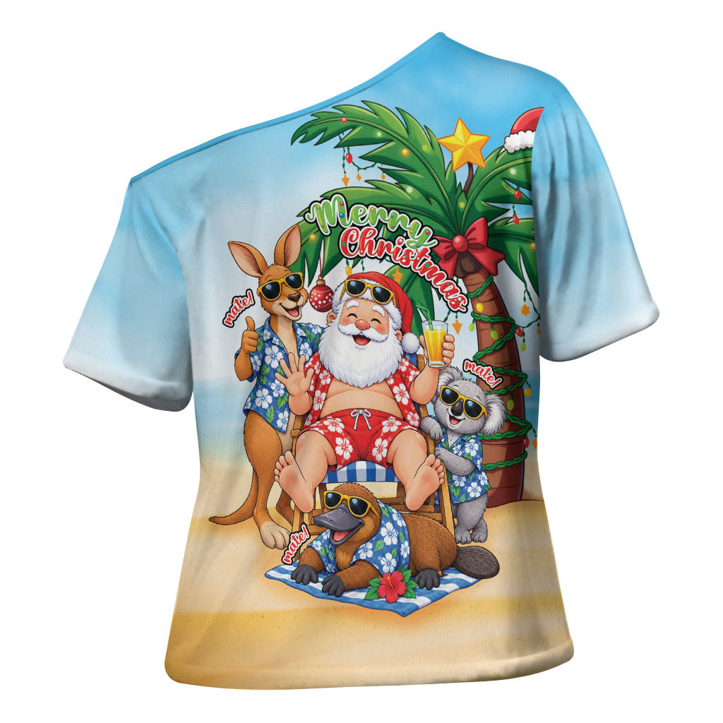 Aussie Christmas Cross Shoulder Shirt Santa Summer Vibes