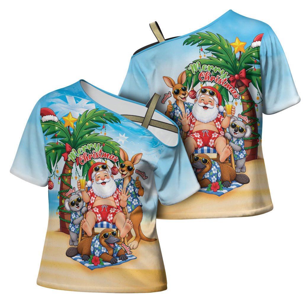 Aussie Christmas Cross Shoulder Shirt Santa Summer Vibes