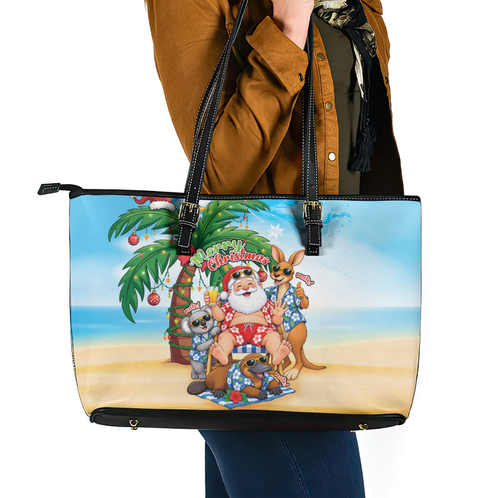 Aussie Christmas Leather Tote Bag Santa Summer Vibes