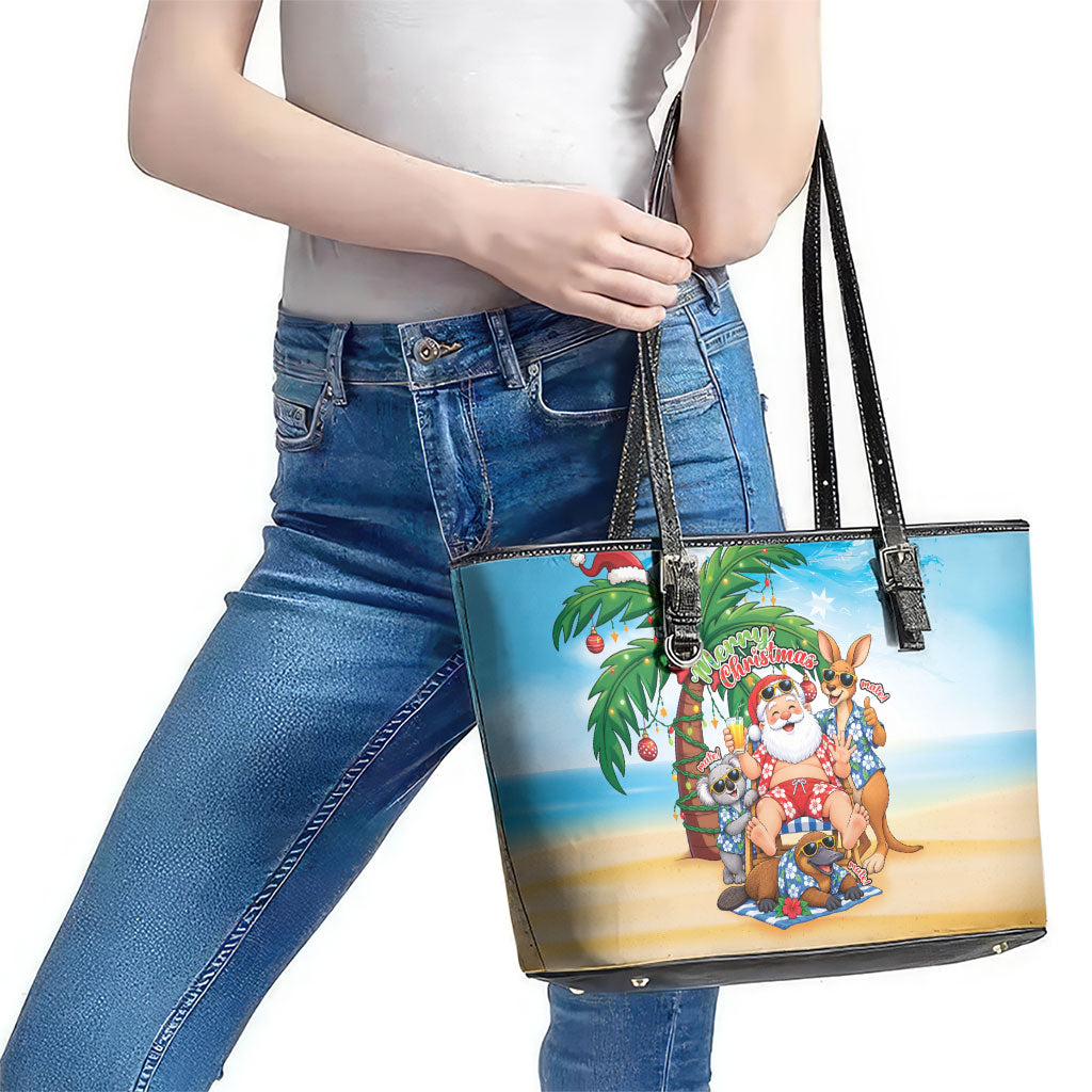 Aussie Christmas Leather Tote Bag Santa Summer Vibes