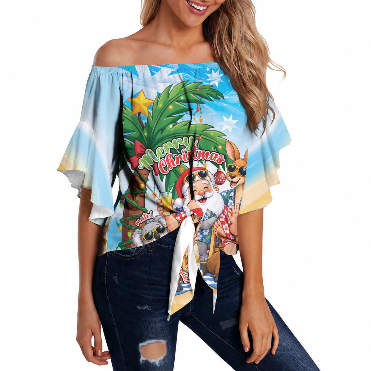 Aussie Christmas Off Shoulder Wrap Waist Top Santa Summer Vibes