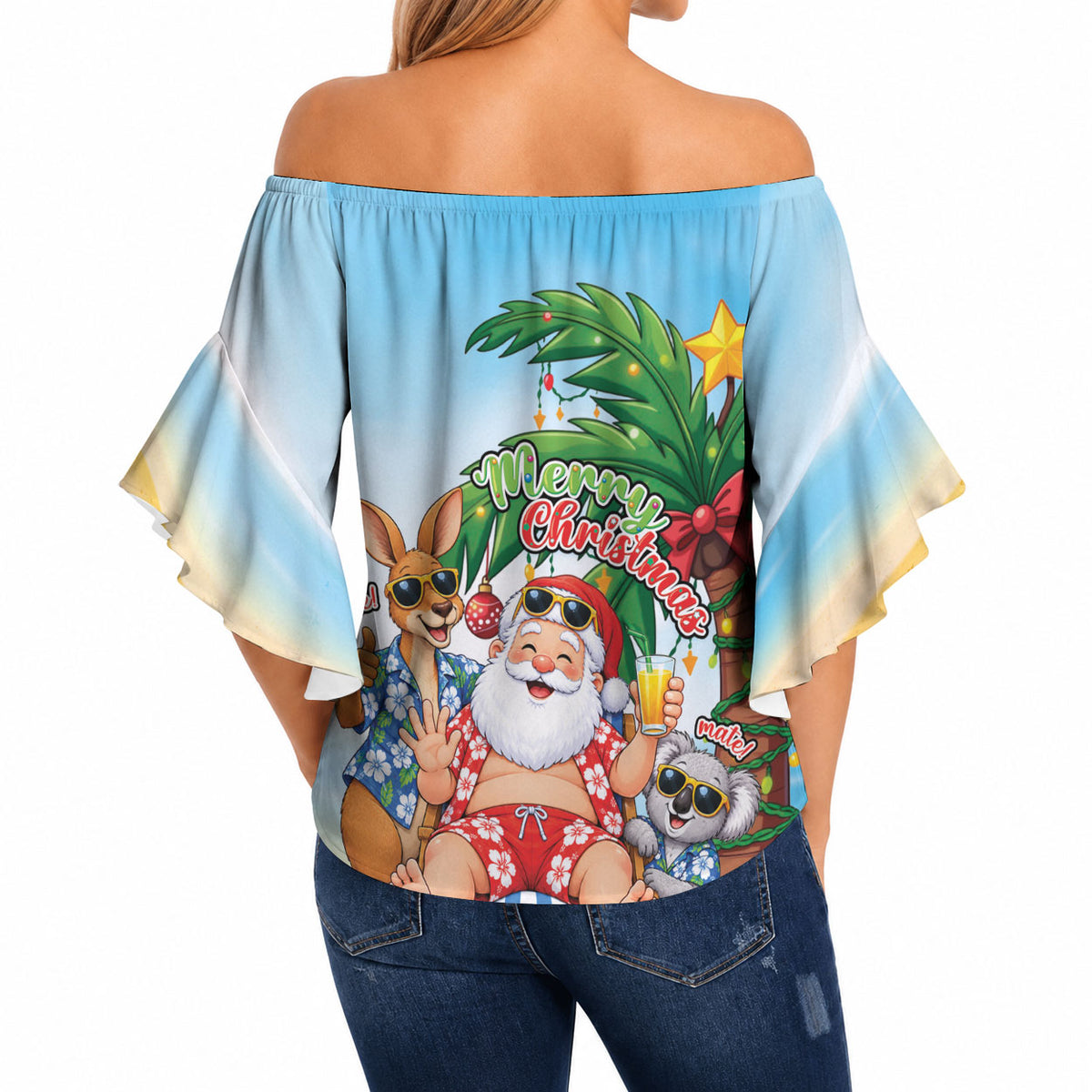 Aussie Christmas Off Shoulder Wrap Waist Top Santa Summer Vibes