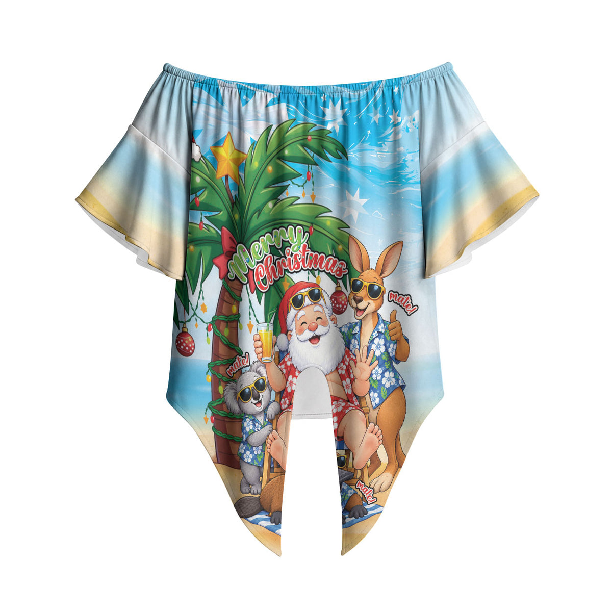 Aussie Christmas Off Shoulder Wrap Waist Top Santa Summer Vibes