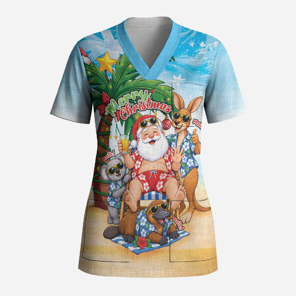 Aussie Christmas Scrub Top Santa Summer Vibes