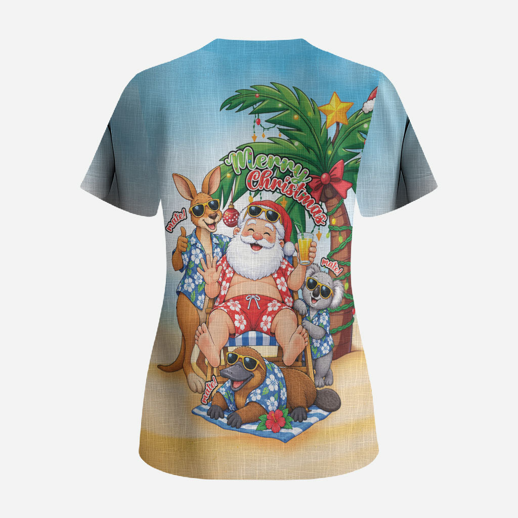 Aussie Christmas Scrub Top Santa Summer Vibes