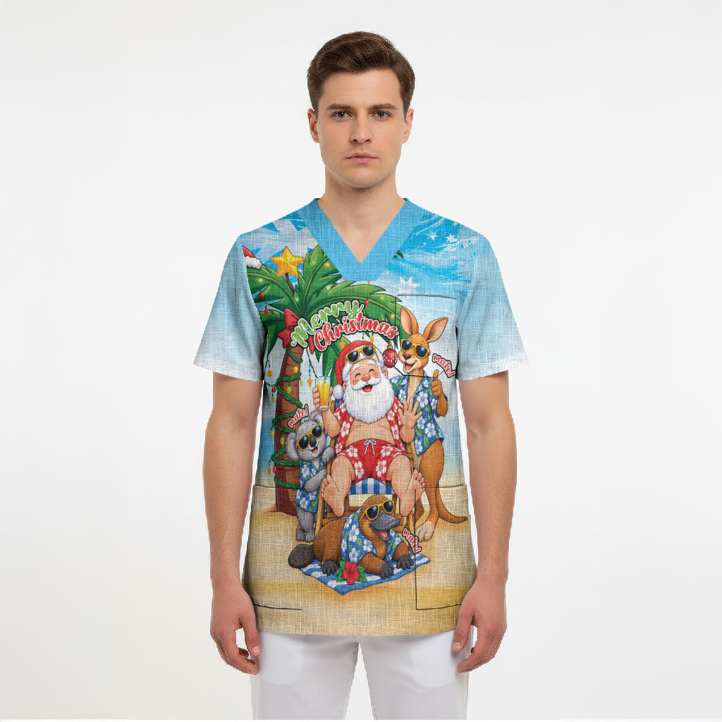 Aussie Christmas Scrub Top Santa Summer Vibes