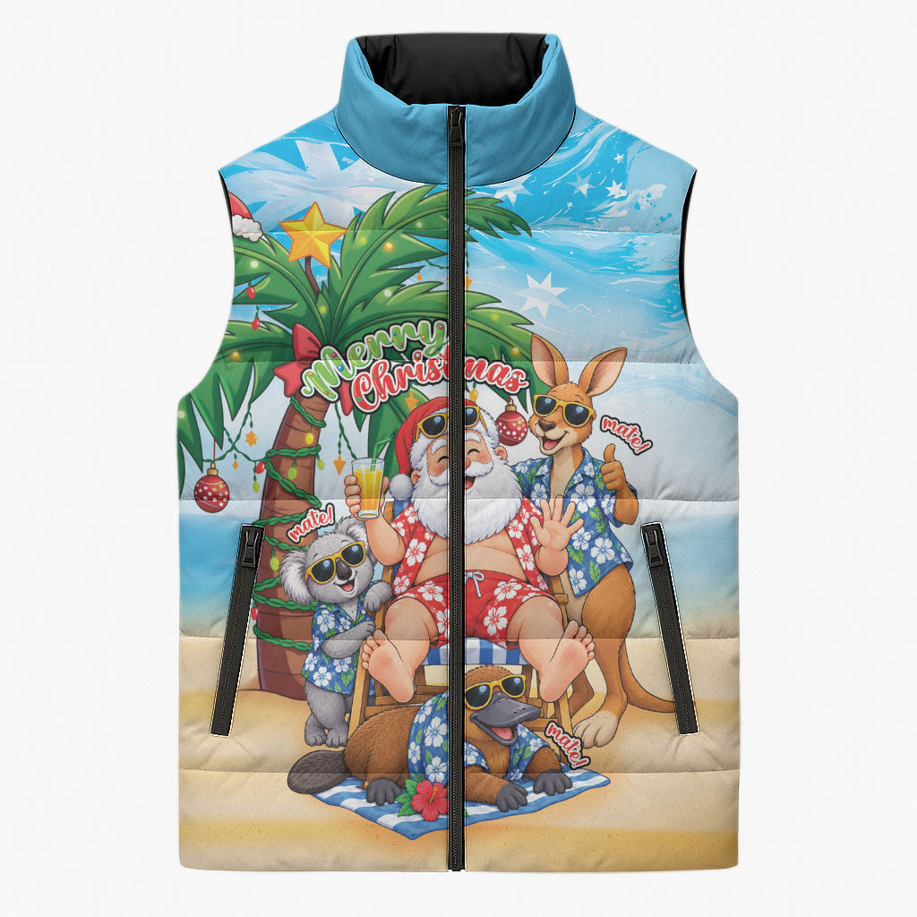 Aussie Christmas Sleeveless Puffer Jacket Santa Summer Vibes