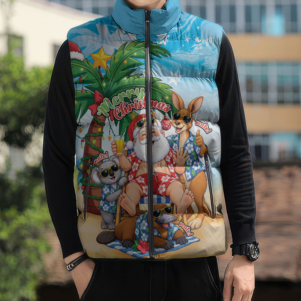Aussie Christmas Sleeveless Puffer Jacket Santa Summer Vibes