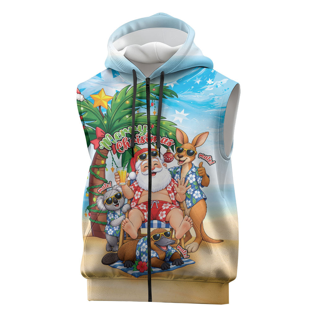 Aussie Christmas Sleeveless Zip Hoodie Santa Summer Vibes