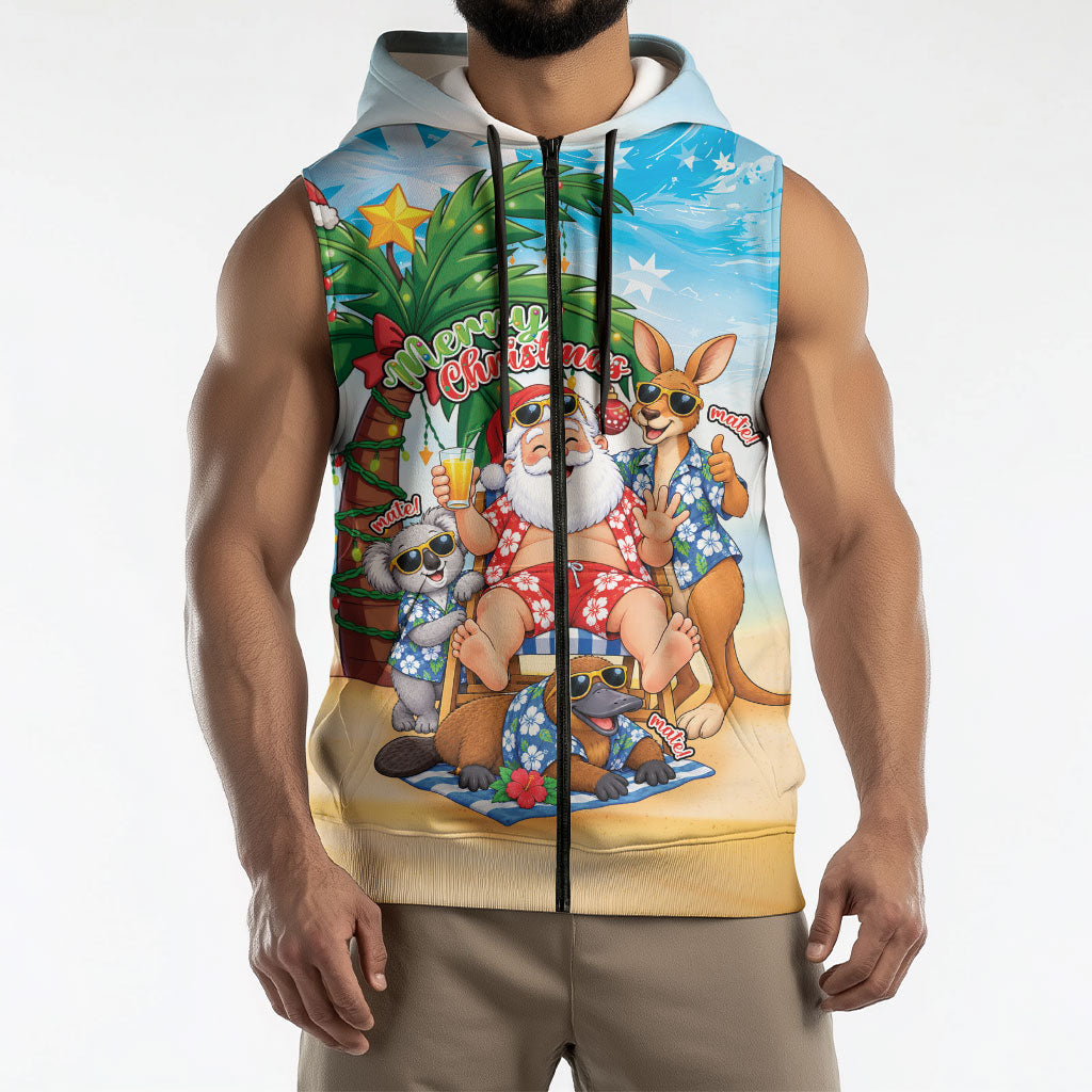 Aussie Christmas Sleeveless Zip Hoodie Santa Summer Vibes