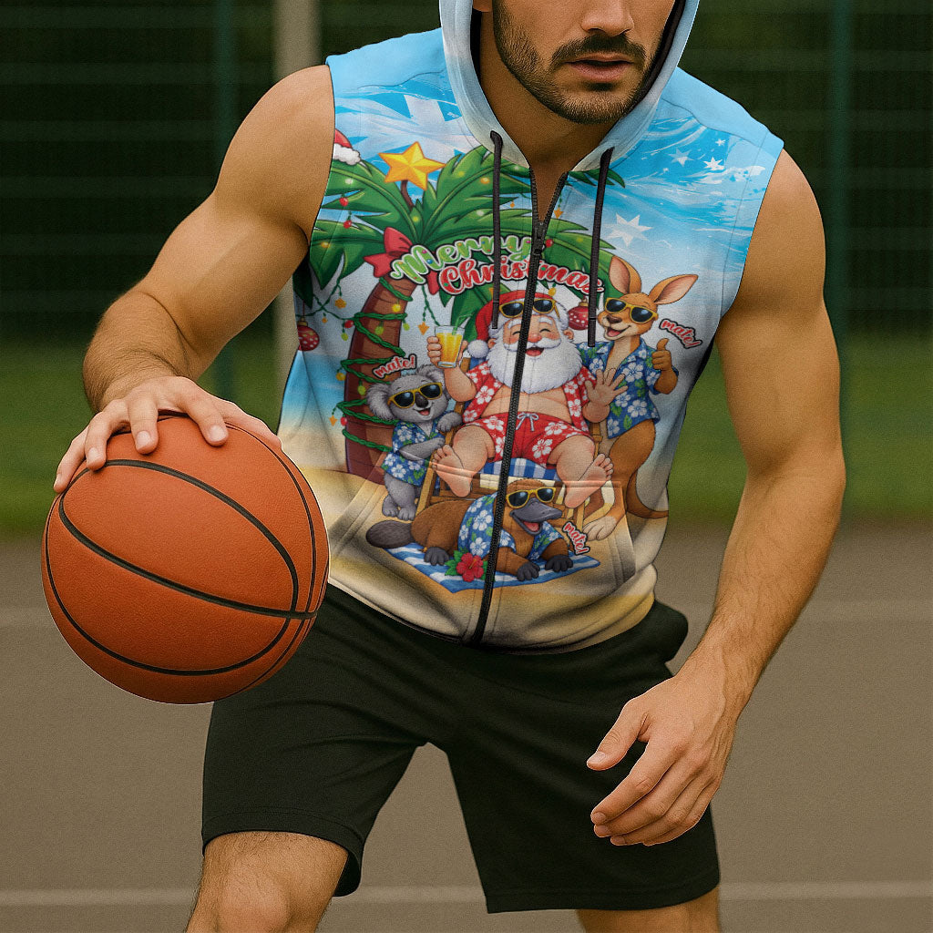 Aussie Christmas Sleeveless Zip Hoodie Santa Summer Vibes