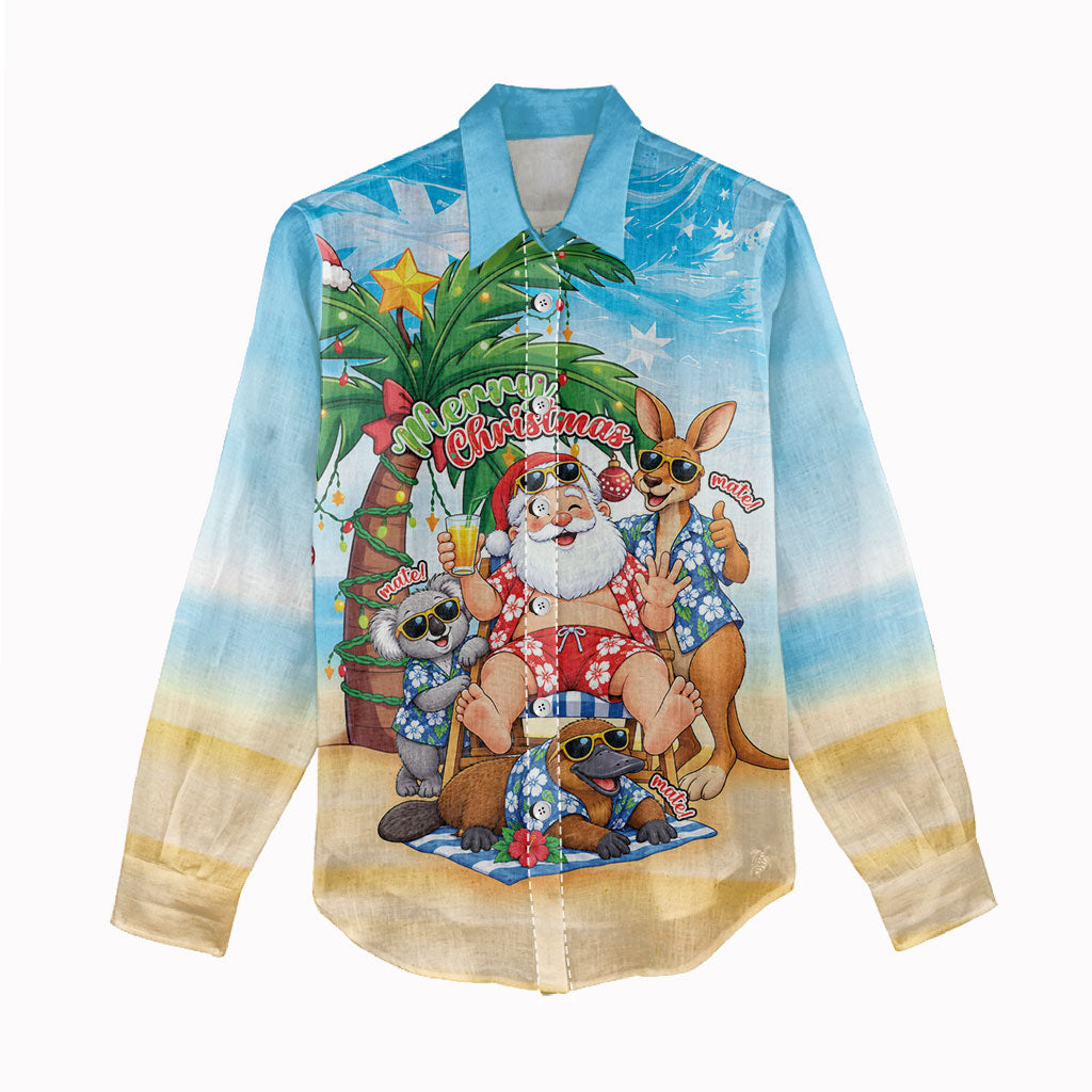 Aussie Christmas Women Casual Shirt Santa Summer Vibes