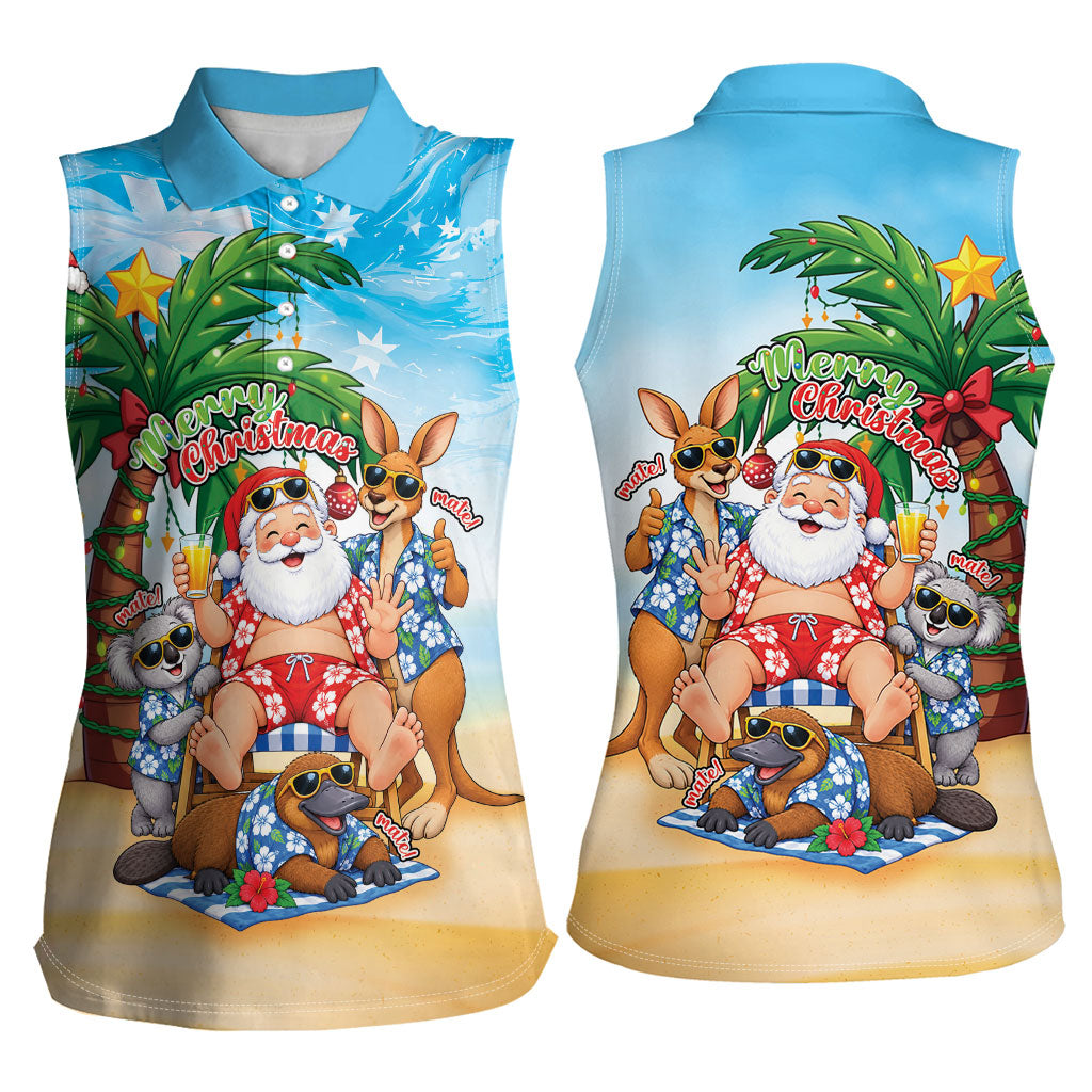 Aussie Christmas Women Sleeveless Polo Shirt Santa Summer Vibes