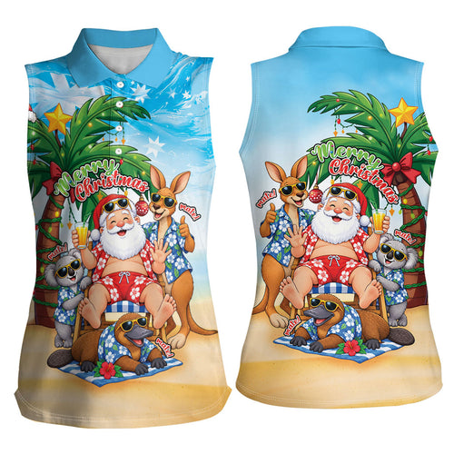 Aussie Christmas Women Sleeveless Polo Shirt Santa Summer Vibes
