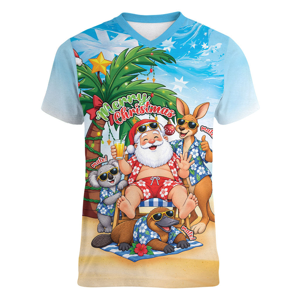Aussie Christmas Women V-Neck T-Shirt Santa Summer Vibes