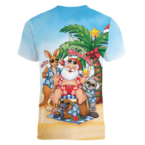 Aussie Christmas Women V-Neck T-Shirt Santa Summer Vibes
