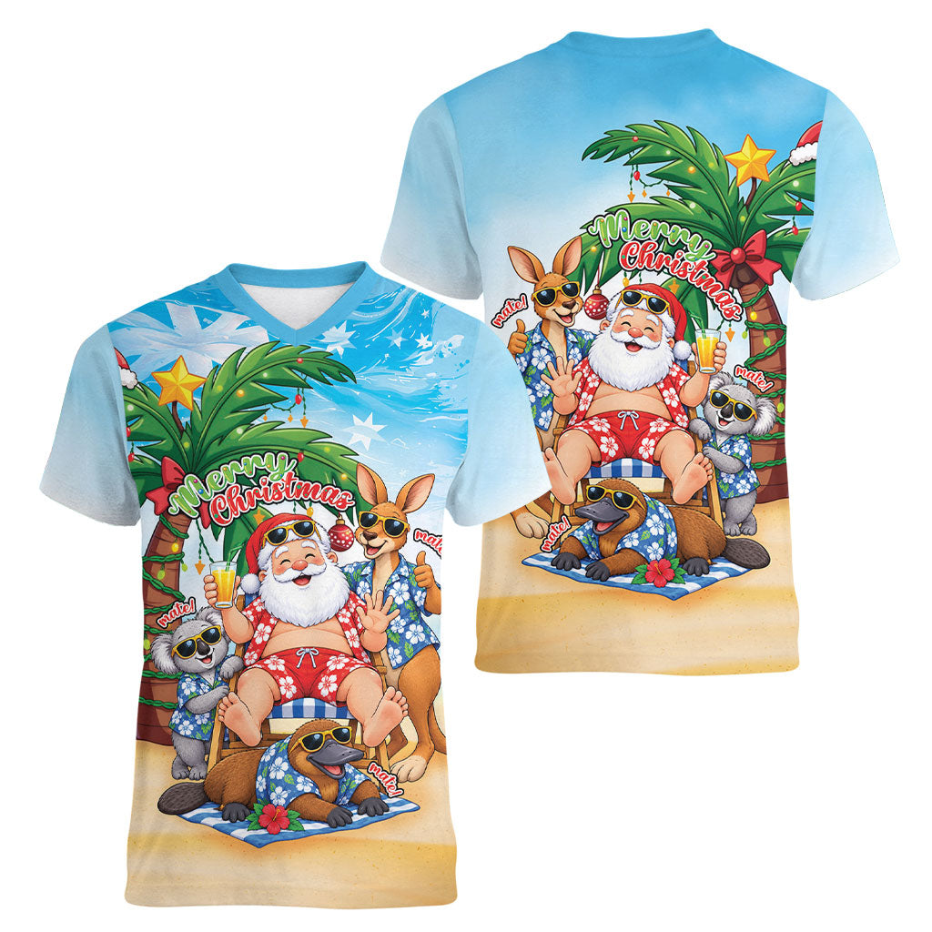 Aussie Christmas Women V-Neck T-Shirt Santa Summer Vibes