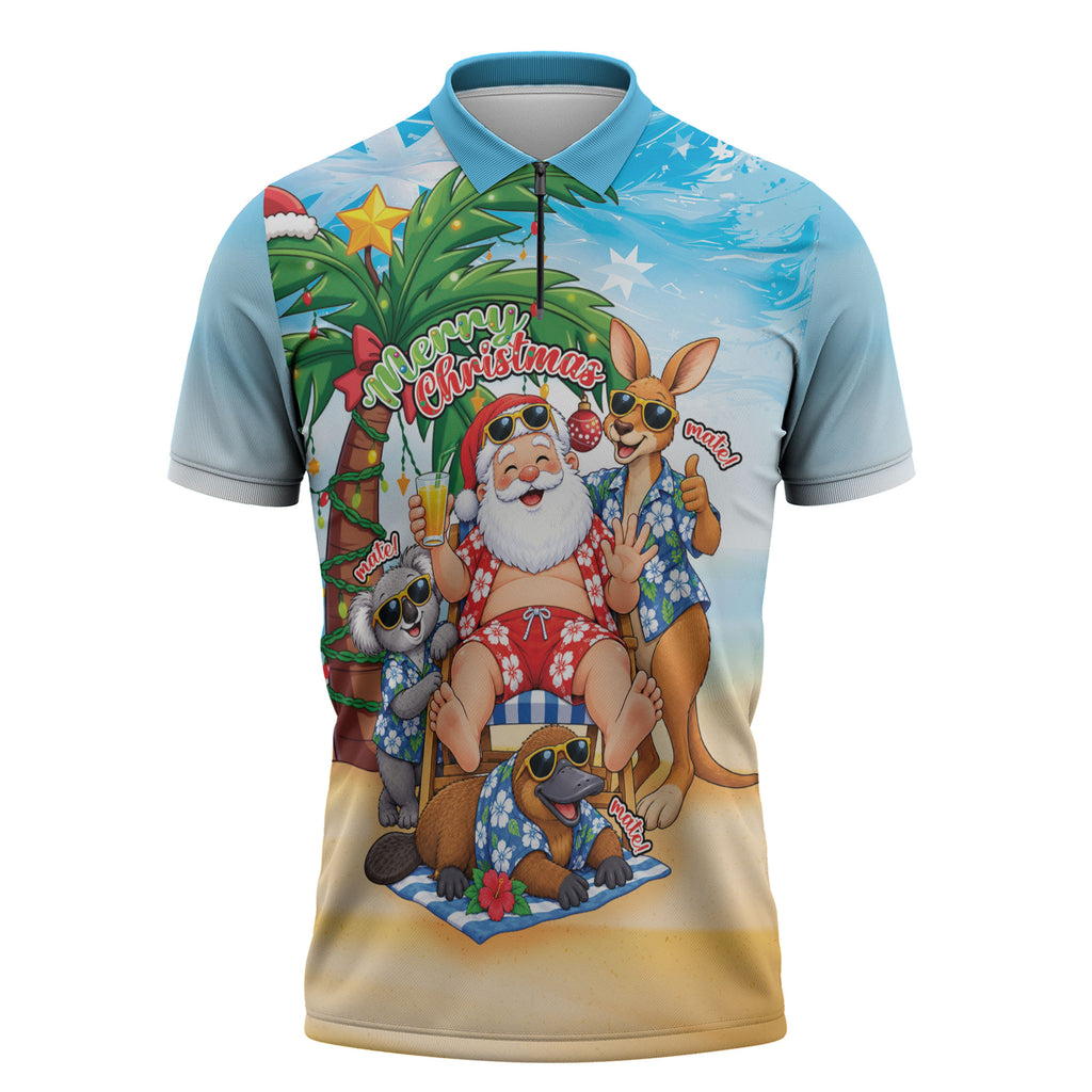 Aussie Christmas Zipper Polo Shirt Santa Summer Vibes