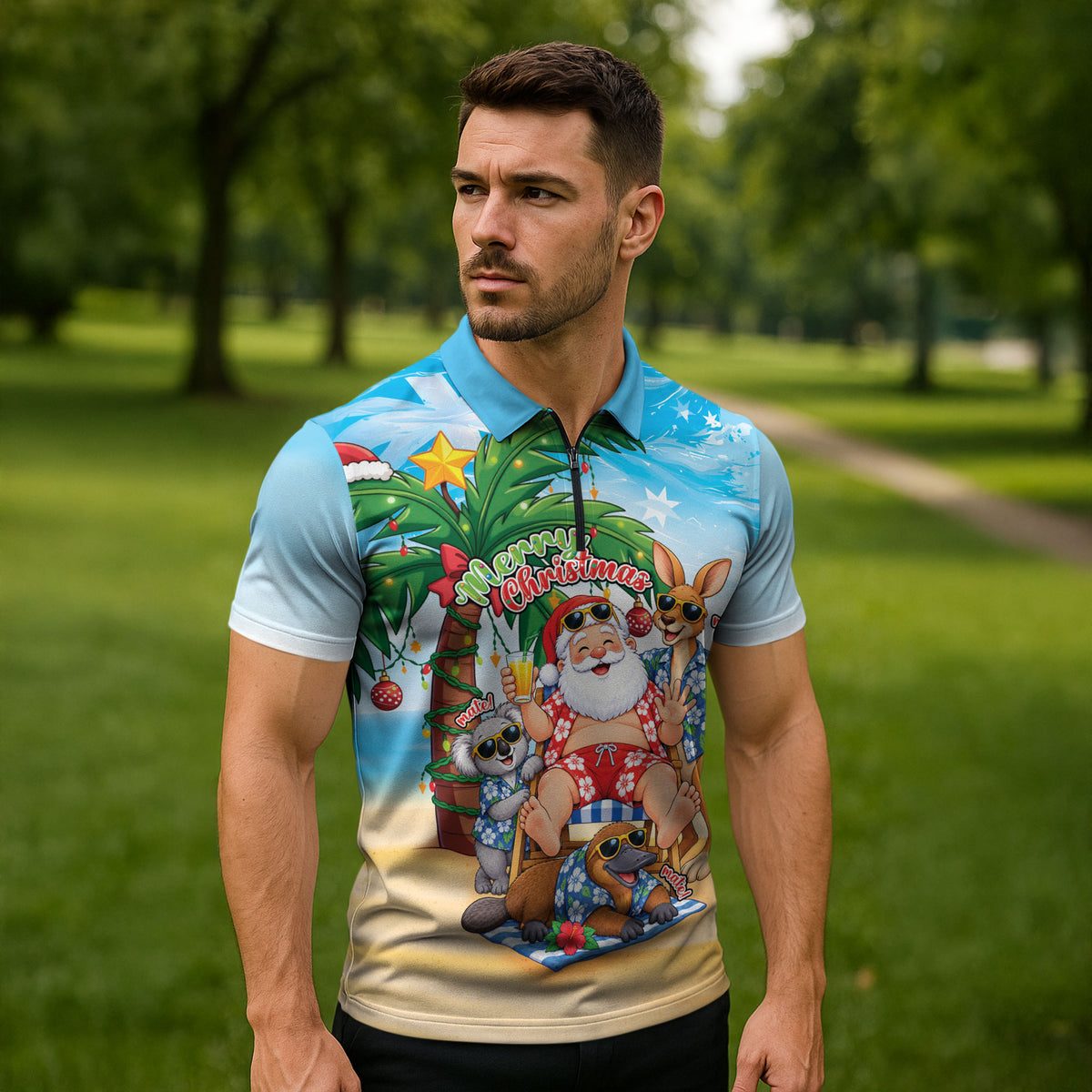 Aussie Christmas Zipper Polo Shirt Santa Summer Vibes