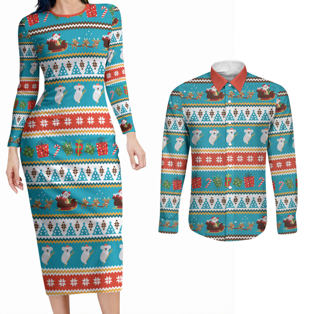 Australia Christmas Couples Matching Long Sleeve Bodycon Dress and Long Sleeve Button Shirt Xmas Beach Vibes Teal