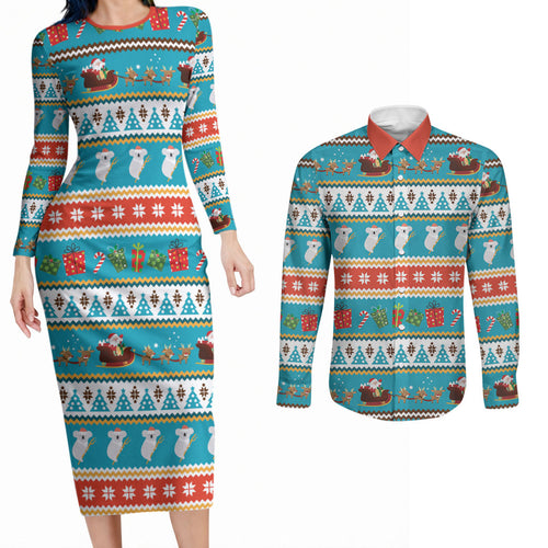 Australia Christmas Couples Matching Long Sleeve Bodycon Dress and Long Sleeve Button Shirt Xmas Beach Vibes Teal