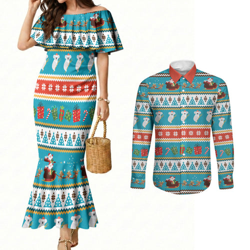 Australia Christmas Couples Matching Mermaid Dress and Long Sleeve Button Shirt Xmas Beach Vibes Teal