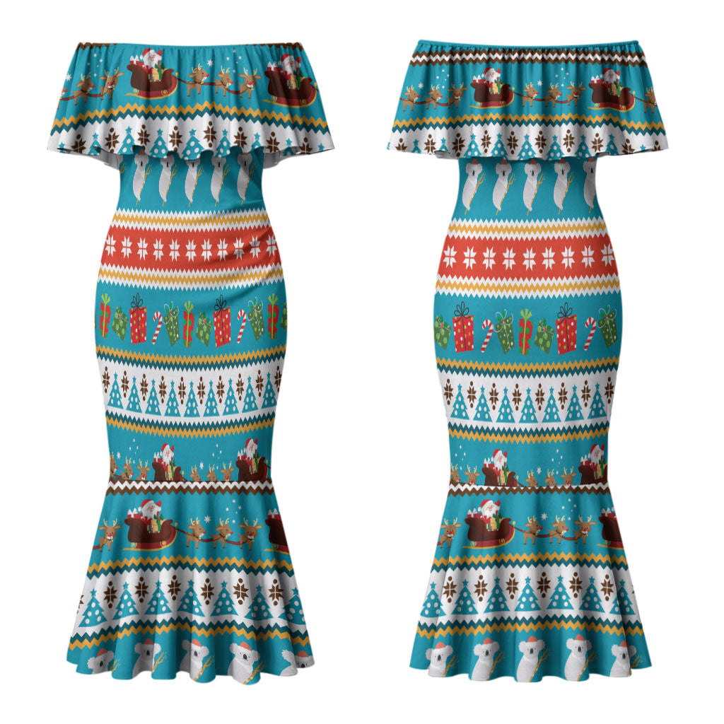 Australia Christmas Couples Matching Mermaid Dress and Long Sleeve Button Shirt Xmas Beach Vibes Teal