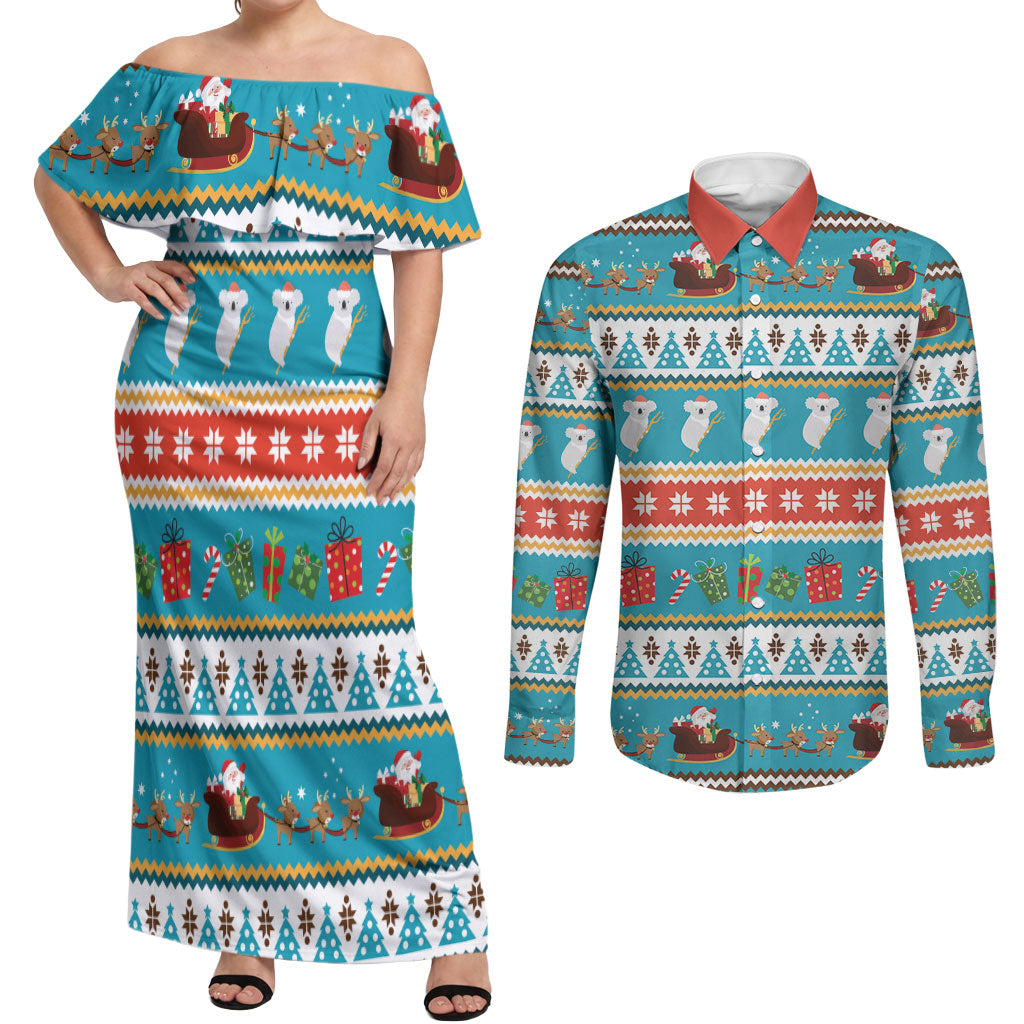 Australia Christmas Couples Matching Off Shoulder Maxi Dress and Long Sleeve Button Shirt Xmas Beach Vibes Teal