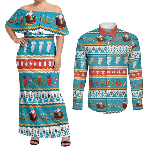 Australia Christmas Couples Matching Off Shoulder Maxi Dress and Long Sleeve Button Shirt Xmas Beach Vibes Teal
