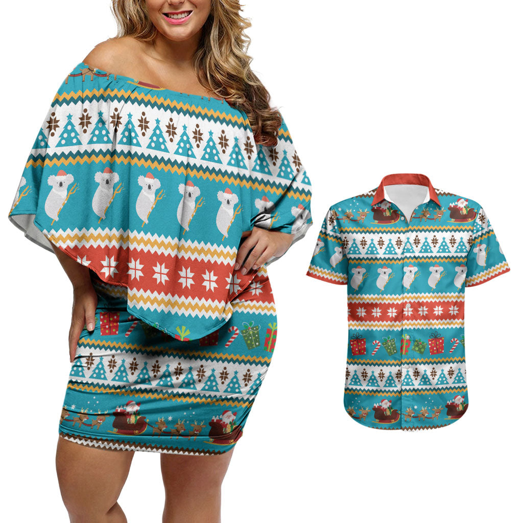 Australia Christmas Couples Matching Off Shoulder Short Dress and Hawaiian Shirt Xmas Beach Vibes Teal