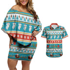 Australia Christmas Couples Matching Off Shoulder Short Dress and Hawaiian Shirt Xmas Beach Vibes Teal