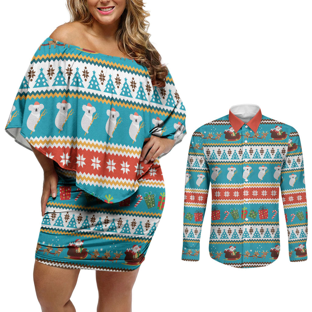 Australia Christmas Couples Matching Off Shoulder Short Dress and Long Sleeve Button Shirt Xmas Beach Vibes Teal