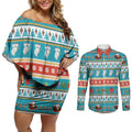 Australia Christmas Couples Matching Off Shoulder Short Dress and Long Sleeve Button Shirt Xmas Beach Vibes Teal