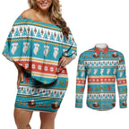 Australia Christmas Couples Matching Off Shoulder Short Dress and Long Sleeve Button Shirt Xmas Beach Vibes Teal