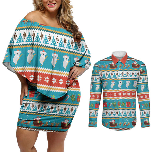 Australia Christmas Couples Matching Off Shoulder Short Dress and Long Sleeve Button Shirt Xmas Beach Vibes Teal