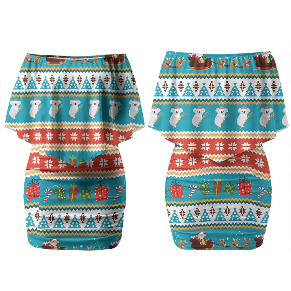 Australia Christmas Couples Matching Off Shoulder Short Dress and Long Sleeve Button Shirt Xmas Beach Vibes Teal