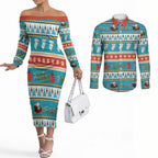 Australia Christmas Couples Matching Off The Shoulder Long Sleeve Dress and Long Sleeve Button Shirt Xmas Beach Vibes Teal