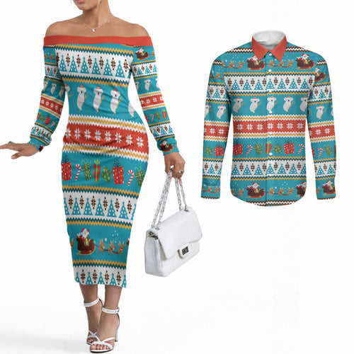 Australia Christmas Couples Matching Off The Shoulder Long Sleeve Dress and Long Sleeve Button Shirt Xmas Beach Vibes Teal