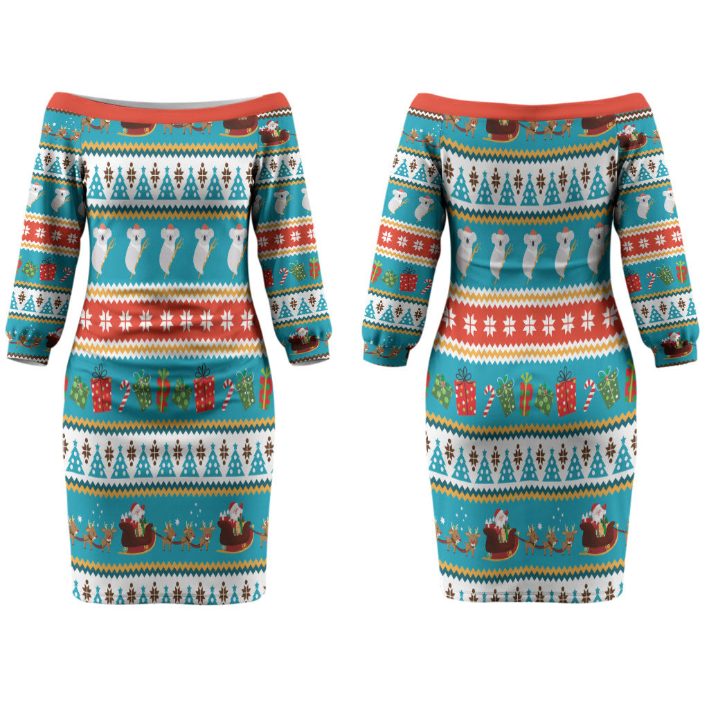 Australia Christmas Couples Matching Off The Shoulder Long Sleeve Dress and Long Sleeve Button Shirt Xmas Beach Vibes Teal