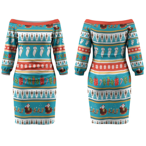 Australia Christmas Couples Matching Off The Shoulder Long Sleeve Dress and Long Sleeve Button Shirt Xmas Beach Vibes Teal