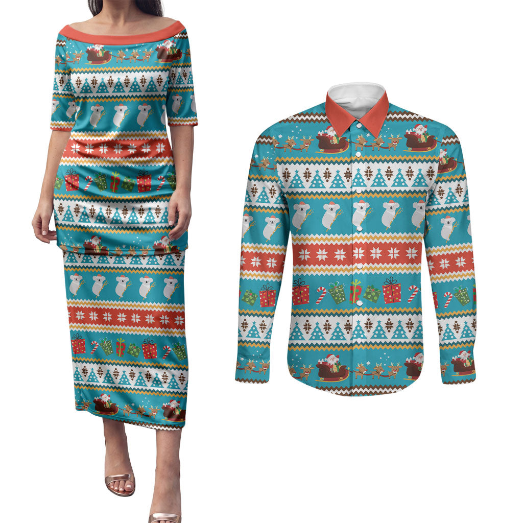 Australia Christmas Couples Matching Puletasi and Long Sleeve Button Shirt Xmas Beach Vibes Teal