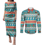 Australia Christmas Couples Matching Puletasi and Long Sleeve Button Shirt Xmas Beach Vibes Teal
