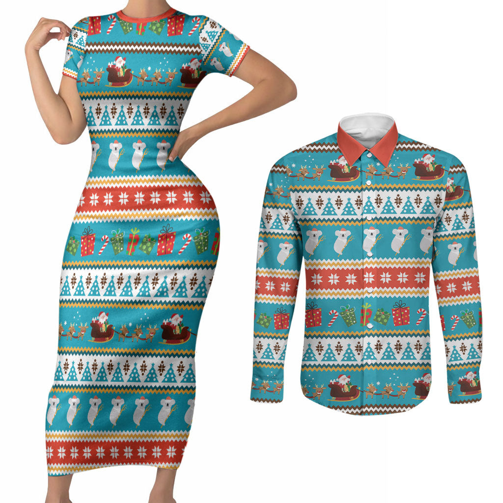 Australia Christmas Couples Matching Short Sleeve Bodycon Dress and Long Sleeve Button Shirt Xmas Beach Vibes Teal