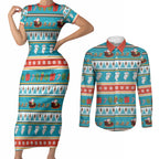 Australia Christmas Couples Matching Short Sleeve Bodycon Dress and Long Sleeve Button Shirt Xmas Beach Vibes Teal