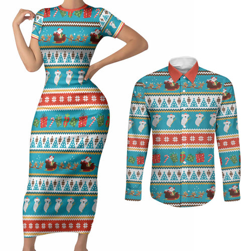 Australia Christmas Couples Matching Short Sleeve Bodycon Dress and Long Sleeve Button Shirt Xmas Beach Vibes Teal