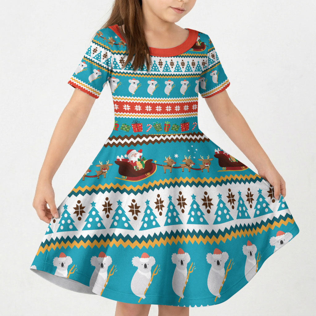 Australia Christmas Kid Short Sleeve Dress Xmas Beach Vibes Teal