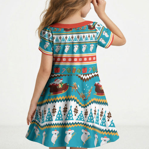 Australia Christmas Kid Short Sleeve Dress Xmas Beach Vibes Teal