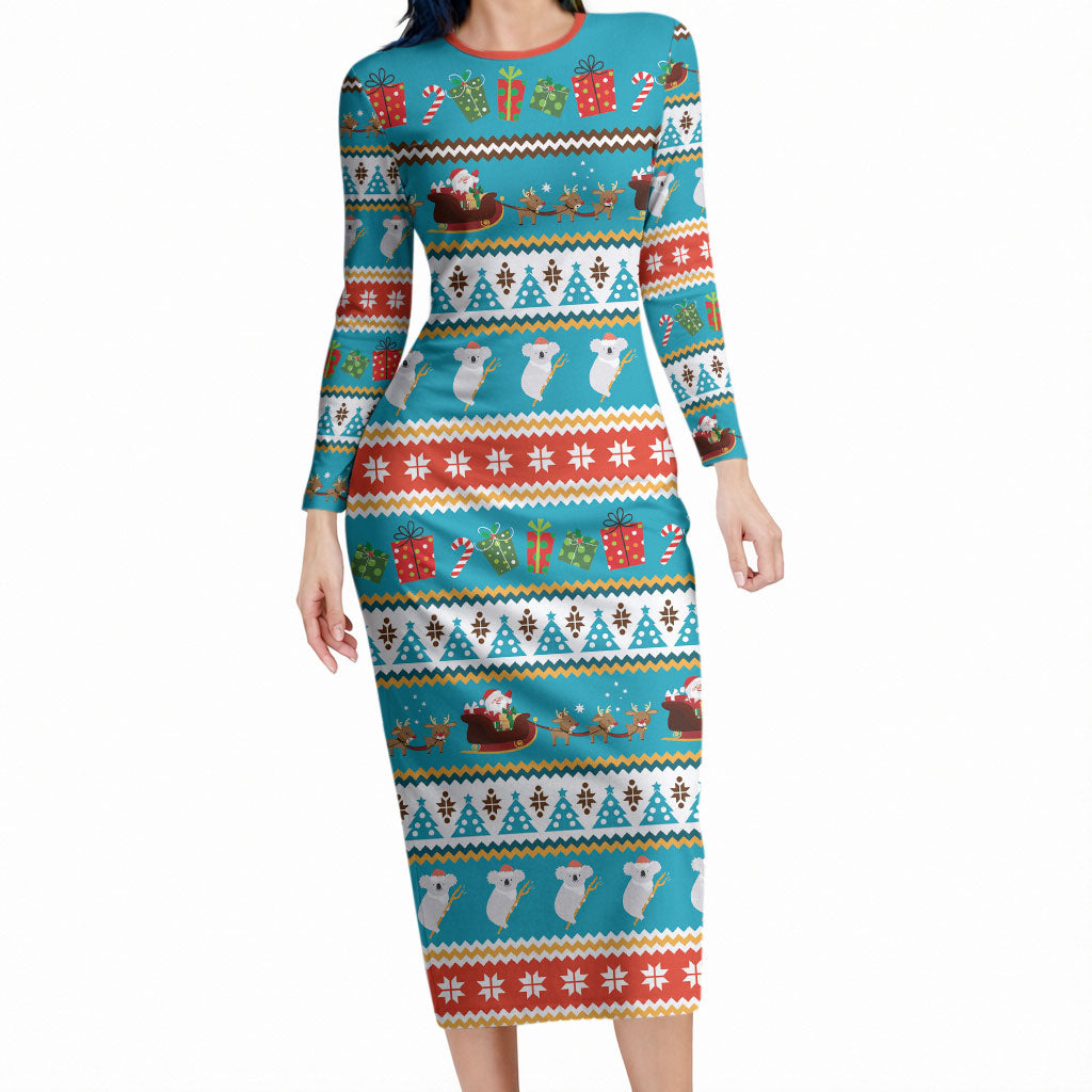 Australia Christmas Long Sleeve Bodycon Dress Xmas Beach Vibes Teal
