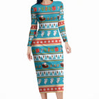 Australia Christmas Long Sleeve Bodycon Dress Xmas Beach Vibes Teal
