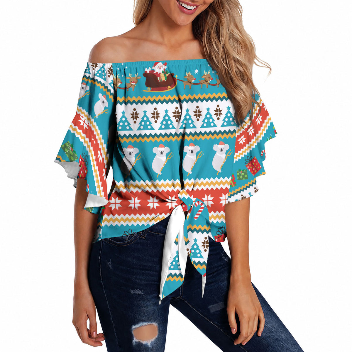 Australia Christmas Off Shoulder Wrap Waist Top Xmas Beach Vibes Teal